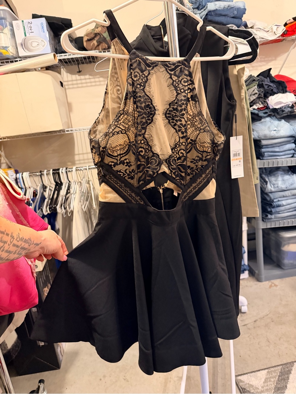 Luxxel Black Skater Dress with Beige Lace Bodice